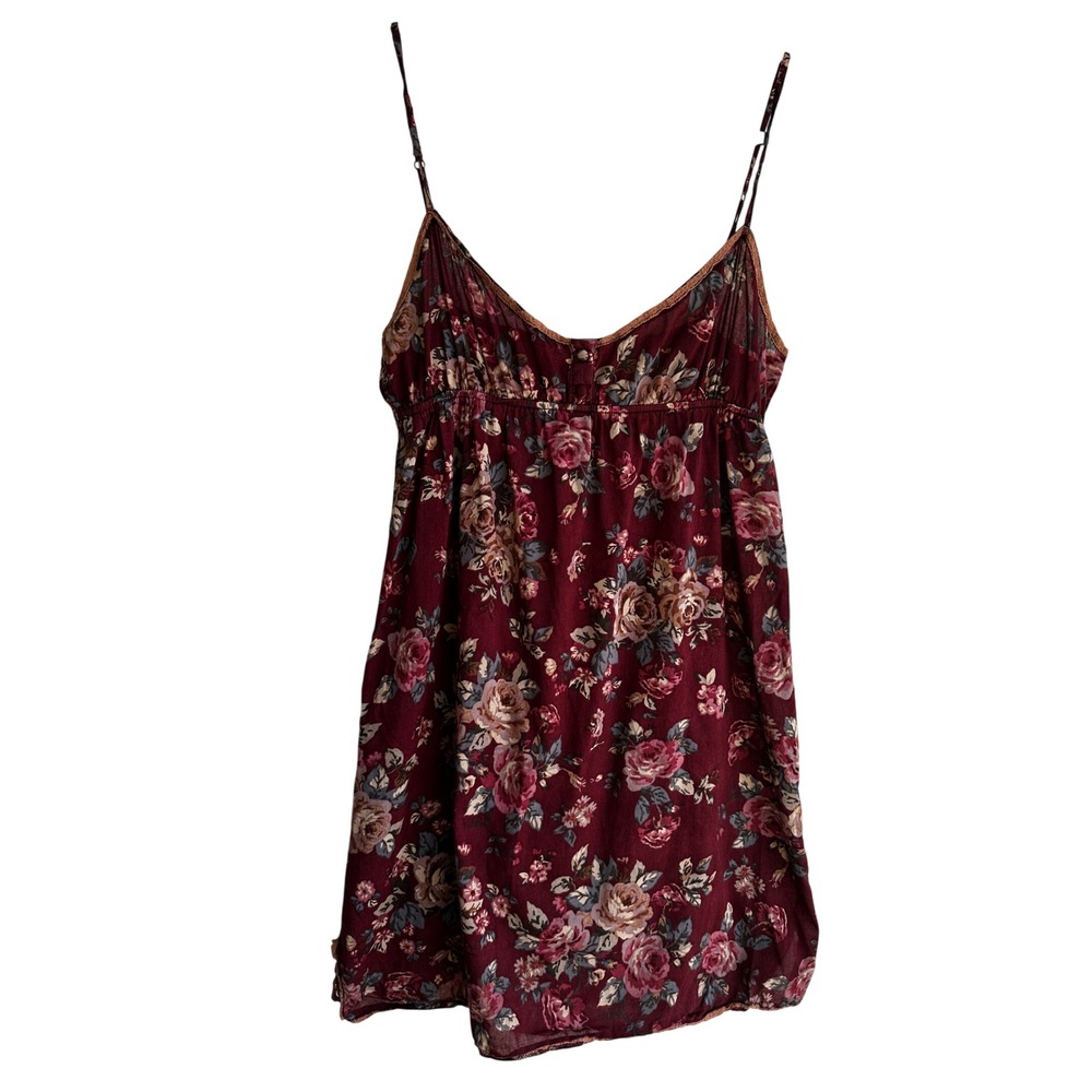 Burgundy Floral Babydoll Mini Dress Chemise Rose Print Lace Trim Women Medium
